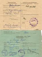 1943-1945. 2 db okmány, az egyik nyilaskeresztes bélyegzéssel / 2 Dokumente, ein mit Stempel mit Pfeilkreuz