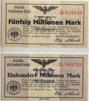 Német Birodalom/Reichsbahndirektion Breslau 1923. 50.000.000M, 100.000.000M T:II+ Csak egyszer hajtva!