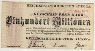 Német Birodalom/Reichsbahndirektion Altona 1923. 100.000.000M T:II