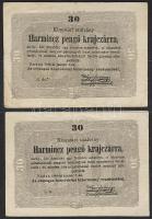 1849. 30kr "Kossuth bankó" 2 klf variáns I.: nagyon vékony főpénztárnoki aláírással, II.: vastag főpénztárnoki aláírással + a teljes előoldali szöveg erősen ferdén nyomva! R! T:II