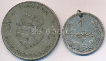 1947. 5Ft Ag "Kossuth" + 1927. 1P Ag lyukasztott, füllel T:2-