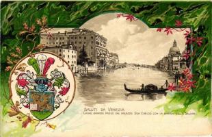 Venice, Venezia; Canal Grande preso sal palazzo Don Carlos con la chiesa della salute / palace, church, coat of arms, Emb. litho (small tear)