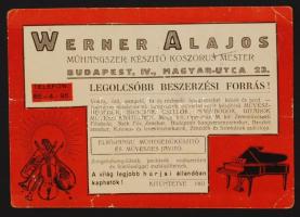 1937 Bp.IV., Werner Alajos Műhangszer készítő koszorús mester, a M. Kir. Operaház és a M.Kir. Zeneművészeti Főiskola szállítójának díszes számlája