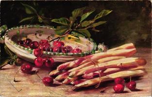 12 db RÉGI motívumlap két lithoval; gyümölcs csendélet, művész / 12 old motive cards with two lithos...