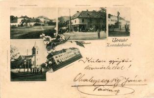 1898 Zsombolya, Gróf Csekonits kastély, Recktenwald üzlet, Flórián szobor, Vendégfogadó, Templom plébánia, kiadja Recktenwald / castle, shop, statue, restaurant, church floral (EK)