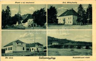 Erdőszentgyörgy, Piactér, Református templom, Gróf Rédey Kastély, iskola, Kisküküllő part / Market place, Calvinist church, castle, school (EK)