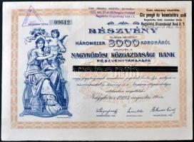 Nagykőrös 1923. &quot;Nagykőrösi Közgazdasági Bank Részvénytársaság&quot; részvénye 3000K-ról, szelvényekkel, bélyegzéssel és szárazpecséttel T:I-,II