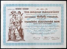 Nagykőrös 1927. &quot;Nagykőrösi Közgazdasági Bank Részvénytársaság&quot; 10db részvénye egyenként 200P-ről, szelvényekkel és szárazpecséttel T:I-