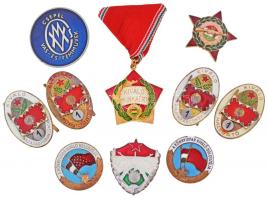 10db-os vegyes szocialista kitüntetés és jelvény tétel, benne "A könnyűipar kiváló dolgozója", "Kiváló Parancsnok", "Kiváló Hallgató", "Munkásőr", "Csepel Vas- és Fémművek" T:1-,2