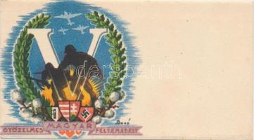 Népies irredenta lap horogkeresztes német és fasiszta olasz címerrel / Irredenta card with national socialist flags; minicard 12 × 7 cm s: Bozó