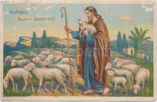 Easter, lambs, shepherd, 3380. litho (EB)