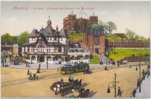 Hamburg, St. Pauli, Fährhaus mit Bahnhof der Hochbahn / church, ferry house, railway station, tram