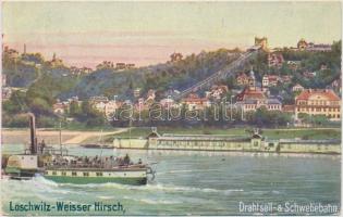 Loschwitz-Weisser Hirsch (Dresden), Drahtseil-Schwebebahn / Wire rope suspension railway, funicular, steamship, C. F. Wiedemann Künstler No. 1830. A. (Rb)