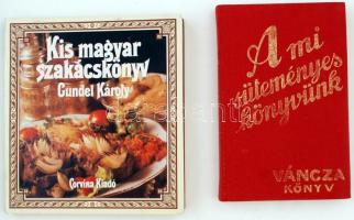 2 db szakácskönyv-A mi süteményes könyvünk. Gyakorlati útmutatások a torták, mignonok és mindenféle sütemények helyes elkészítésére és díszítésére. Közel félezer képpel és kipróbált eredeti süteményreceptekkel; Bp., 1936, Váncza, Reprint!; Gundel Károly: Kis magyar szakácskönyv. Átdolgozták fiai: Gundel Ferenc és Gundel Imre. Bp., Corvina, Reprint! Kiadói egészvászon és kartonált kötés, mindkettő jó állapotban.