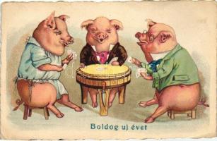 New Year, pig playing card, litho (EK)