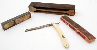 Vegyes borotva tétel: Duisy-Steel Superior Luxus borotva papír tokban, fenőkő, fenőbőr