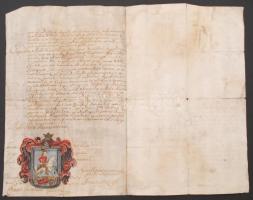 1721 Losy János címerkérő folyamodványa, a folyamodvány végén megfestett címerképpel, kicsit megvise...