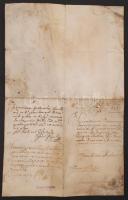 1721 Losy János címerkérő folyamodványa, a folyamodvány végén megfestett címerképpel, kicsit megvise...