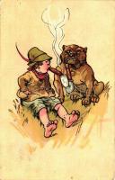 Pipe smoking dog and child, humour, H. Christ Vienne. No. 171. litho (EK)