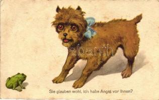 Sie glauben wohl, ich habe Angst vor Ihnen? / Dog with frog, humour (EK)