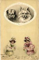 Dogs in frame, little girls, Emb. litho (small tear)