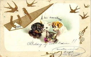 Dogs with cats, swallows, horseshoe, golden decoration litho (b)