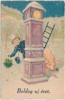 New Year, chimney sweeper, pig, litho (Rb)