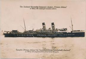 The Zeeland Steamship Companys steamer Prinses Juliana at Tilbury with exchanged wounded soldiers; sanitary ship