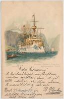 Kreuzer Kaiserin Augusta Norweigischer Fjord; Meissner & Buch Marinepostkarten Serie 1000. / German battleship, litho (not the original stamp)