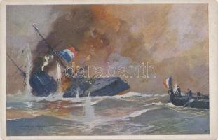 Sinken des von den Dardanellenforts beschossenen französischen Panzerkreuzers Bouvet / K.u.K. navy art postcard s: Harry Heusse