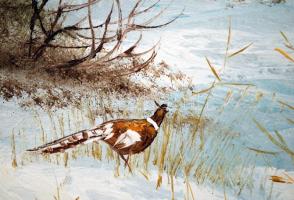 Trirum jelzéssel: Fácán a téli erdőn, olaj, vászon, fa keretben, 48,5×58,5 cm