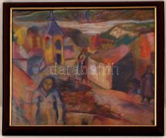 JB jelzéssel: Vasárnapi miséről hazafelé, pasztell, papír, üvegezett fa keretben, 42,5×48 cm