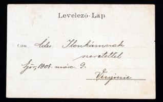 1905 Győr, Virginia privát fotólapja népviseletbe öltözve, festett műtermi háttér előtt, osztatlan h...