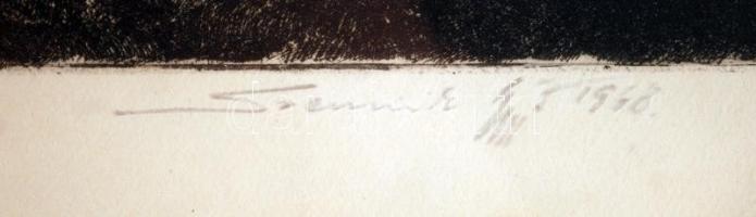 Szennik György (1923-2007): Dunaparti fák. Rézkarc, papír, jelzett, üvegezett keretben, 30×48 cm