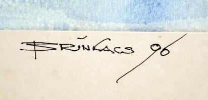 Brinkács Stefán: Budai vár. Akvarell, papír, jelzett, apró sérülésekkel, keretben, 20×44 cm