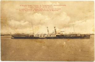 A Magyar Királyi Folyam- és Tengerhajózási Részvénytársaság &quot;Erzsébet Királyné&quot; gőzöse / Queen Elizabeth steamship, advertisement on the back side