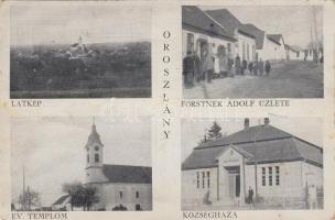 Oroszlány, Evangélikus templom, Községháza, Förstner Adolf üzlete (EK)