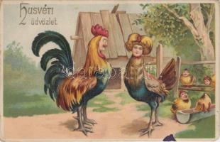 Easter, Chicken and rooster with human face, humour, bizarre, H.W.B. Ser. 8625. litho (fl)