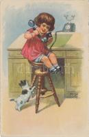 Little girl with telephone and cat, L & P 2301/II. s: Arthur Thiele