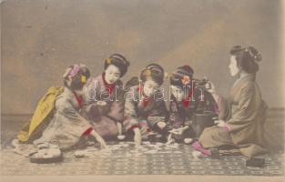 Japanese geishas playing card game, tea (EK)