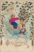 Christmas, Angels, christmas tree, decorated Emb. litho silkcard (Rb)