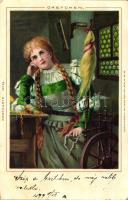 Gretchen, spinning lady, Wilhelm Boehme Postkarte No. 15. litho