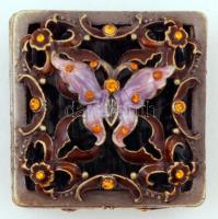 Pillangós ékszerdobozka, áttört fém, zománc díszítéssel, apró hibákkal, 5×5 cm