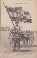 Boldog ünnepeket, Magyar katona, zászló, ágyú / Hungarian military greeting, cannon (EK)