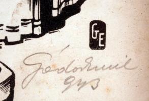 Gádor Emil (1911-1998): Szűz Mária a Kis Jézussal és szentekkel, fametszet, papír, jelzett, fa keret...