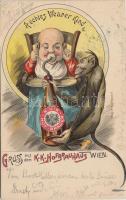 A echtes Weaner Kind, K.u.K. Hofbrauhaus Wien / Brewery advertisement, beer, baby with monkey, humour litho (EK)