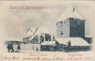 Kolozsvár, Református templom, Bethlen bástya télen / Calvinist church, bastion, winter (r)