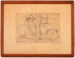 Borsos Miklós (1906-1990): Merengő lány, rézkarc, papír, jelzett, üvegezett fa keretben, 23×32 cm