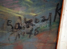 Sárközy jelzéssel: Szürreális csendélet, akvarell, papír, üvegezett fa keretben, 68,5×46,5 cm