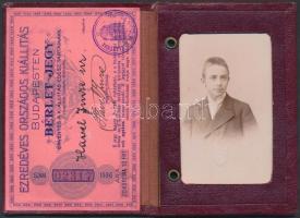 1896 Bp., Az Ezredéves Országos Kiállítás teljes időtartamára érvényes fényképes bérleti jegy bőr to...